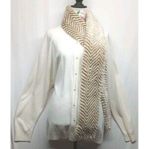 Designer Women Luxelon Large Ivory Cardigan Sweater & Faux Mink Scarf Minimalist